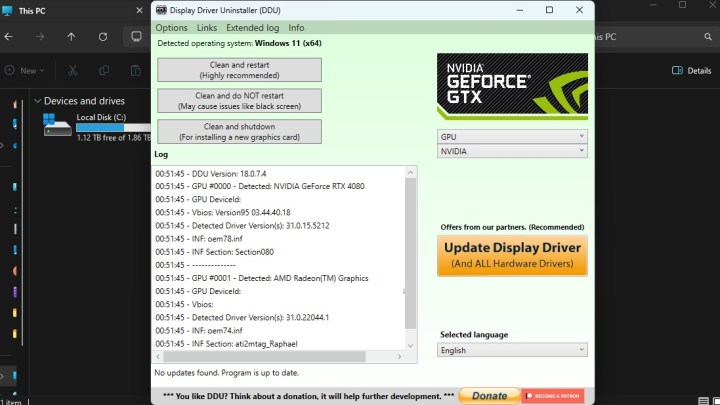 Display Driver Uninstaller - main screen.