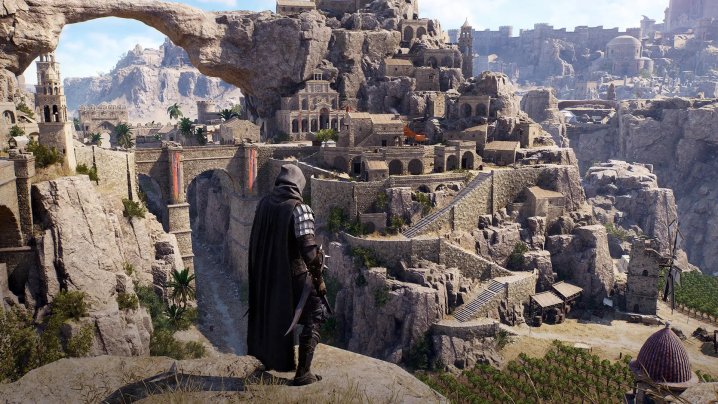 A cloaked character gazes over a village in Throne and Liberty.